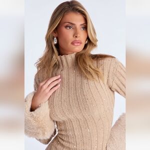🔥Sweater Dress W/Faux Fur Cuffs, Subtle Sequins. Tan, Sz XL Bodycon, Midi, NEW!